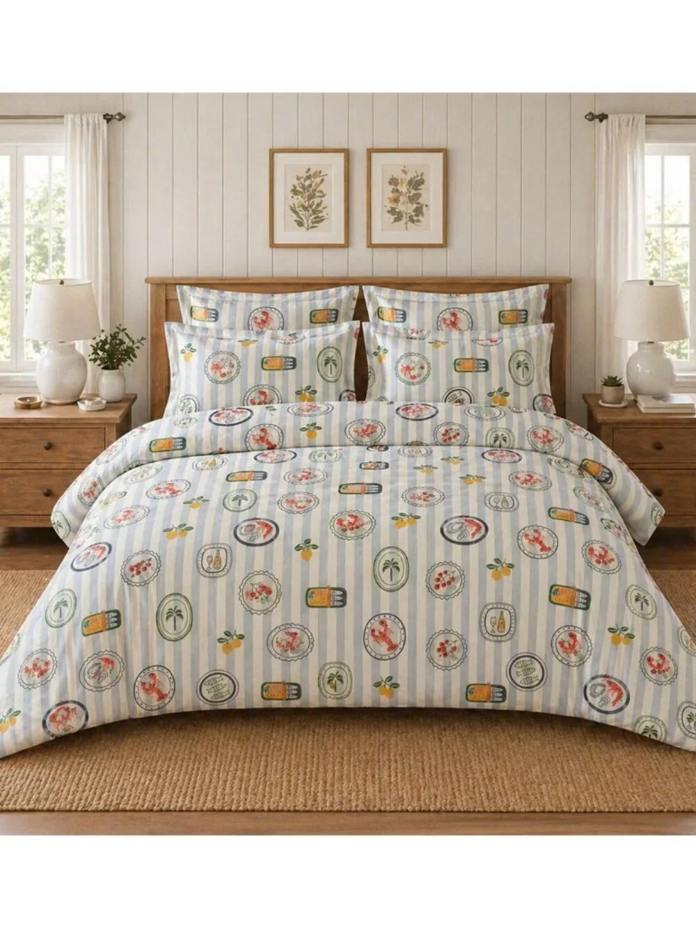 New Coastal Nautical Queen Duvet Cover Set Blue Striped Lobster Lemon Palm Tree